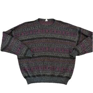 Vintage 90s Grandpa Sweater Men's Medium Gray Purple Knit Pullover